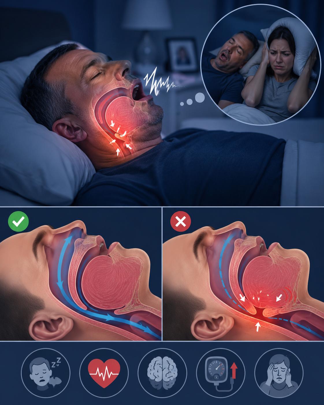 Ilustração da anatomia da via aérea superior mostrando como a apneia obstrutiva do sono ocorre durante o sono